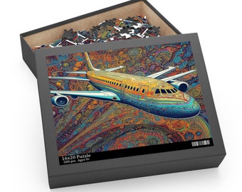 May include: A 500-piece jigsaw puzzle featuring a colourful, psychedelic airplane flying through a swirling, abstract pattern. The box is black with the text "16x20 Puzzle 500 pcs. Ages 9+"