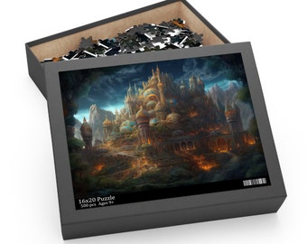 May include: A 500 piece jigsaw puzzle in a black box with a fantasy city scene on the front. The puzzle is 16x20 inches and is recommended for ages 9 and up.