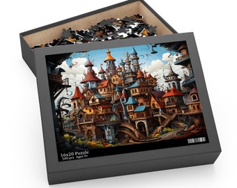 Puede incluir: Un rompecabezas de 500 piezas con una ilustración colorida de un castillo de fantasía con un cielo azul y nubes blancas. La caja del rompecabezas es negra con el texto "16x20 Puzzle 500 pcs Ages 9+"