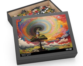 May include: A 500 piece jigsaw puzzle featuring a colourful swirling sky with a lighthouse on a tree in the centre. The box is open and shows the puzzle pieces inside. The box has the text "16x20 Puzzle 500 pcs Ages 9+"