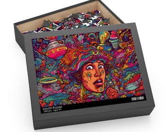 May include: A 500 piece jigsaw puzzle featuring a colourful, psychedelic illustration of a woman's face surrounded by swirling patterns and objects. The puzzle is recommended for ages 9 and up.