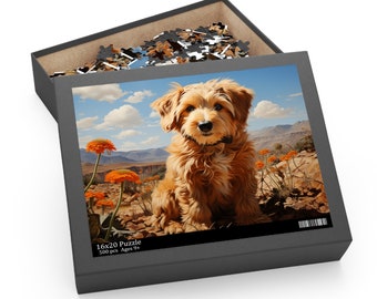 May include: A 500 piece jigsaw puzzle featuring a brown and white dog sitting in a field of orange flowers. The puzzle box is open and shows the completed puzzle image. The box has the text "16x20 Puzzle 500 pcs Ages 9+"