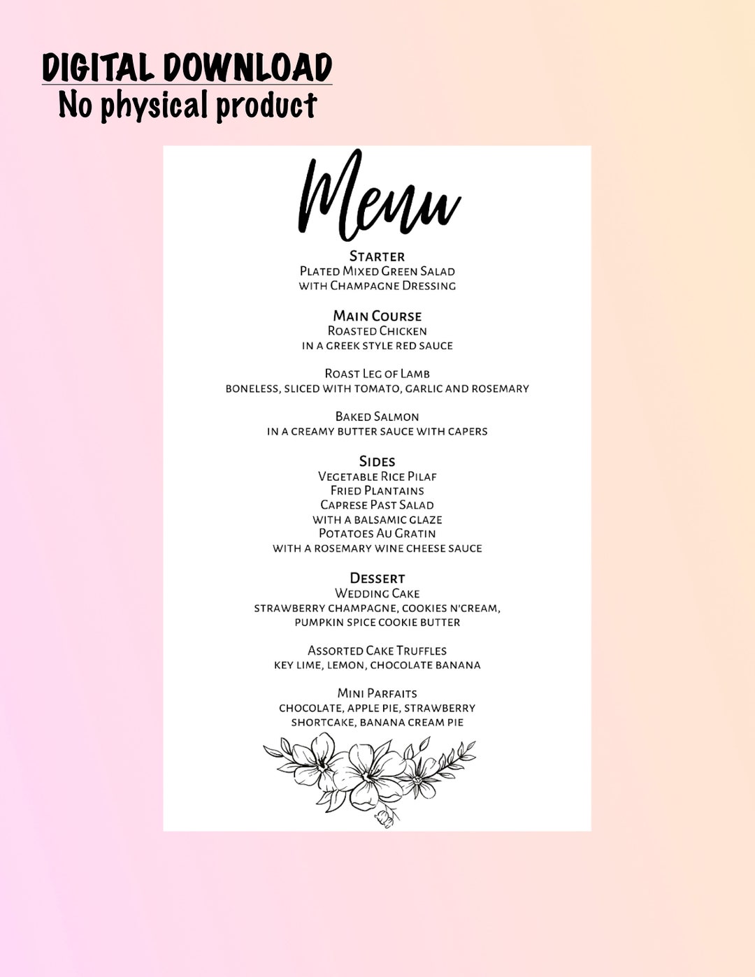 Customized Printable Wedding Menu Card Template, Editable Quinceanera ...