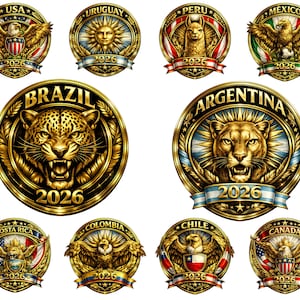 May include: A collection of ten circular gold-toned emblems featuring national symbols and animals, including eagles, a jaguar, a puma, a llama, and a sun. Each emblem displays a country name, the year 2026, and decorative laurel leaf borders.