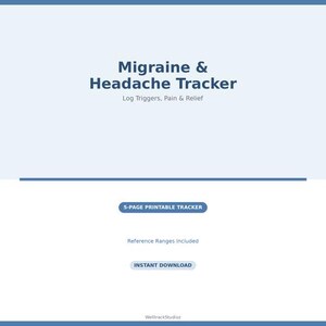 Op de afbeelding: Een digitale, afdrukbare tracker voor migraine en hoofdpijn, met de titel in donkerblauw. De tracker helpt bij het registreren van triggers, pijn en verlichting. Inclusief "5-PAGE PRINTABLE TRACKER", "Reference Ranges Included" en "INSTANT DOWNLOAD".