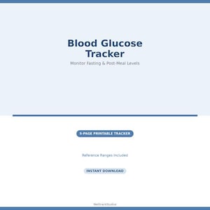 Puede incluir: Un rastreador de glucosa en sangre imprimible digital con un diseño azul claro y blanco. El texto en el rastreador dice "Blood Glucose Tracker" y "Monitor Fasting & Post-Meal Levels". El texto adicional incluye "5-PAGE PRINTABLE TRACKER" y "INSTANT DOWNLOAD".