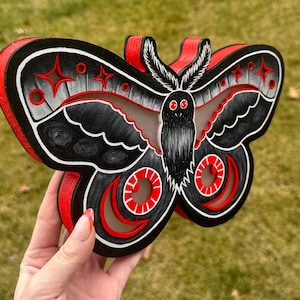 Hand-Painted Light-Up Mothman Wooden Wall Decor – Gothic Moth Wall Art