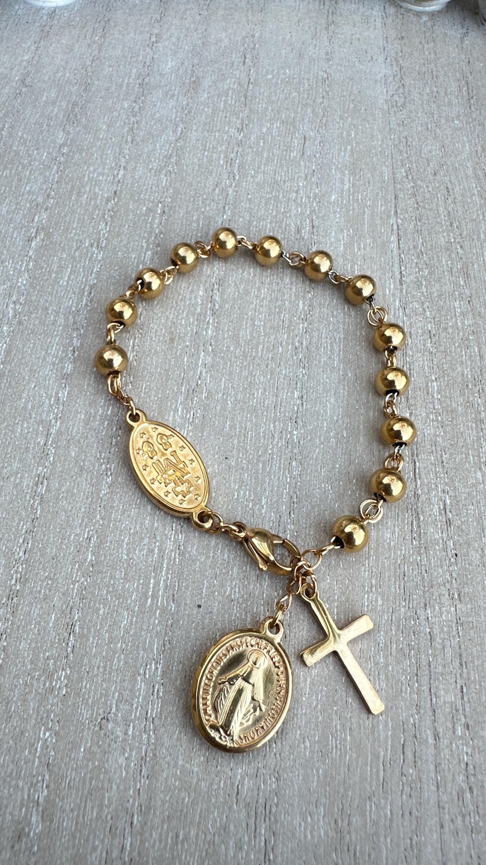 Stainless Steel Rosary Bracelet - Etsy Italian 18K Gold -925 Sterling Silver Natural Black Spinel Rosary Cross Bracelet main image 1