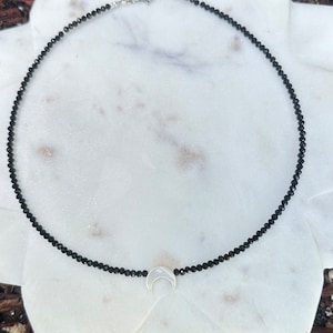 Handmade Shell Moon Necklace: Faceted Black Glass