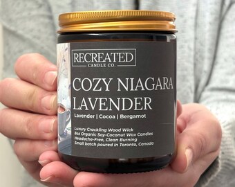 Cozy Niagara Lavender Candle: Lavender, Cocoa, Musk - Crackling Wood Wick