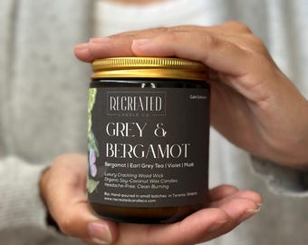 Grey Bergamot Candle: Earl Grey Tea, Violet, Musk - Coconut Soy Wood Wick