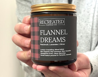Flannel Dreams Candle: Patcholi, Lavender, Citrus - Crackling Wood Wick