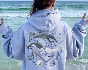 Custom Watercolor Ocean Animal Whale Hoodie Back And Front Printing, Surf Beach Ocean Hoodie, Marine Biology Conservation Shark Sweater Gift