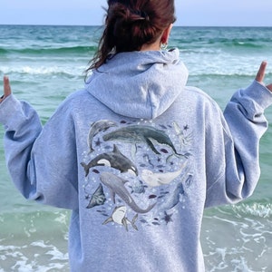 Custom Watercolor Ocean Animal Whale Hoodie Back And Front Printing, Surf Beach Ocean Hoodie, Marine Biology Conservation Shark Sweater Gift