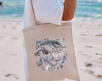 Watercolor Ocean Animals Whales Aesthetic Canvas Bag, Surf Beach Swimming Ocean Love Tote Bag, Conservation, Marine Biology Whale Shark Gift