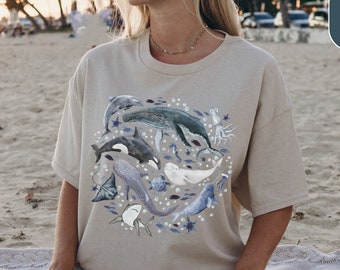 Watercolor Ocean Animals Whales Shirt, Surf Beach Bum Ocean Tshirt, Marine Animals Conservation Orca Shirt, Marine Biology Shark Tee Gift