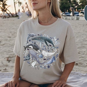 Watercolor Ocean Animals Whales Shirt, Surf Beach Bum Ocean Tshirt, Marine Animals Conservation Orca Shirt, Marine Biology Shark Tee Gift