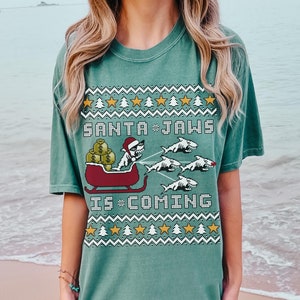 Santa Jaws Is Coming Ugly Christmas Shirt Comfort Colors, Hilarious Shark Ocean T shirt, Christmas Shark Jaws Lover Shirt, Christmas Gift