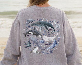 Custom Watercolor Ocean Animal Whales Crewneck Sweatshirt Back And Front Printing, Beach Ocean Sweatshirt, Marine Biology Shark Sweater Gift