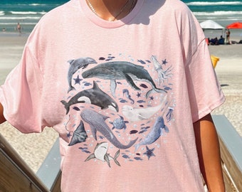 Watercolor Ocean Animals Whales Shirt, Surf Beach Bum Ocean Tshirt, Marine Animals Conservation Orca Shirt, Marine Biology Shark Tee Gift
