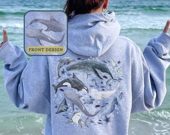 Watercolor Ocean Animal Whale Shark Hoodie Back And Front Printing, Surf Beach Ocean Hoodie, Conservation, Marine Biology Shark Sweater Gift