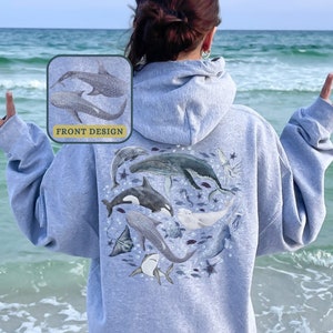 Watercolor Ocean Animal Whale Shark Hoodie Back And Front Printing, Surf Beach Ocean Hoodie, Conservation, Marine Biology Shark Sweater Gift
