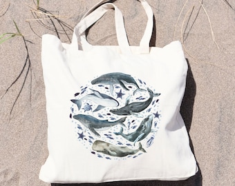 Watercolor Ocean Animals Humpback Whales Aesthetic Canvas Bag, Surf Beach Ocean Love Tote Bag, Conservation, Marine Biology Blue Whales Gift