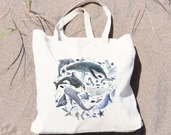 Borsa in tela estetica con animali dell'oceano dell'acquerello, borsa in tela estetica per surf sulla spiaggia, nuoto in oceano, conservazione, regalo di squalo balena per biologia marina