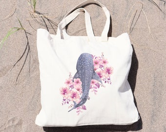 Custom Watercolor Whale Shark Flower Canvas Bag, Wildflower Whale Sharks Tote Bag, Marine Biology Life Beach Tote, Whale Shark Gift Tote Bag