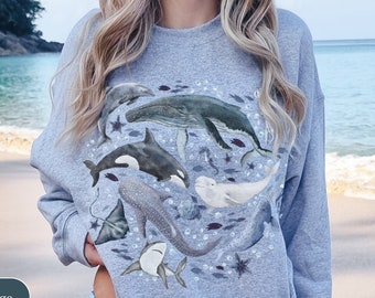 Watercolor Ocean Animals Whales Crewneck Sweatshirt, Surf Beach Swimming Ocean Sweatshirt, Conservation, Marine Biology Shark Sweater Gift.