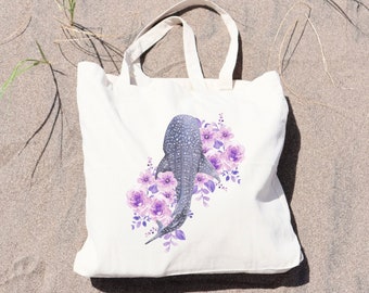 Custom Watercolor Whale Shark Flower Canvas Bag, Wildflower Whale Sharks Tote Bag, Marine Biology Life Beach Tote, Whale Shark Gift Tote Bag