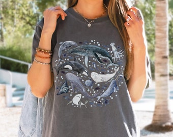 Comfort Colors Watercolor Ocean Animals Whales Shirt Gift Surf Beach Bum Ocean T shirt Marine Animals Orca Shirt Gift for Marine Biology Tee
