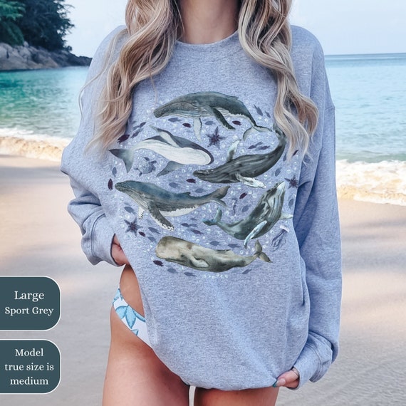 Watercolor Ocean Animals Humpback Whales Crewneck Sweatshirt, Surf