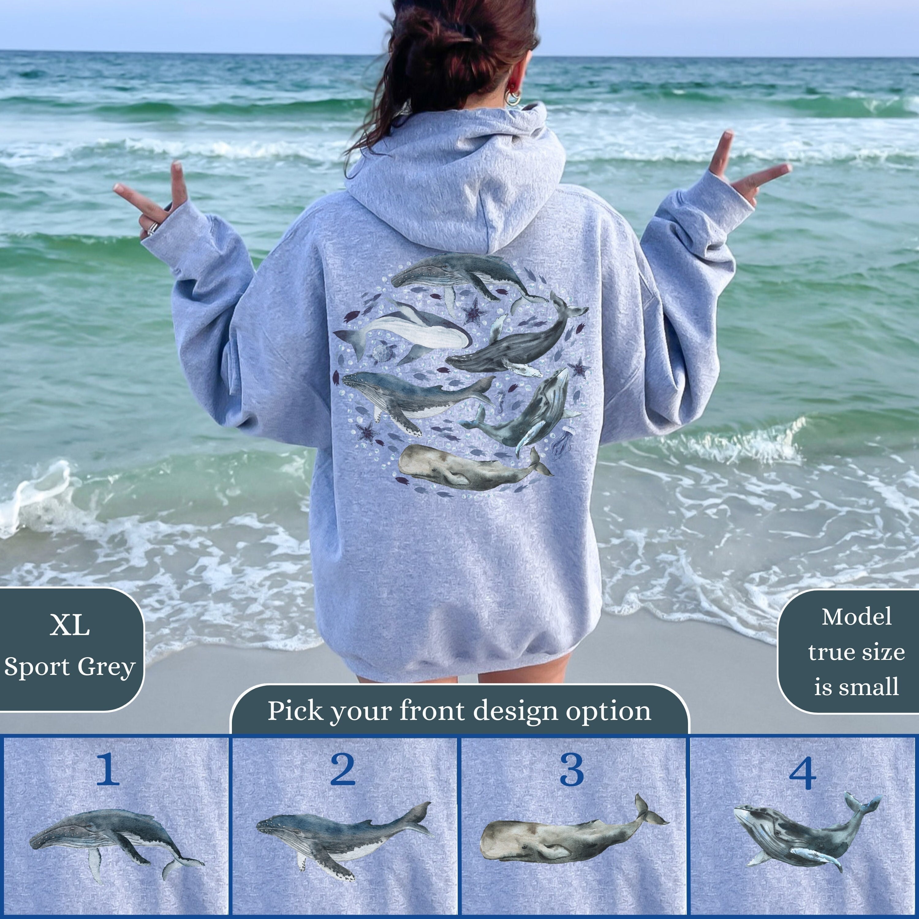 Custom Watercolor Ocean Humpback Whale Hoodie Back And Front Printing, Surf Beach Ocean Hoodie, Marine Biology Blue Whale Sweatshirt Gift.