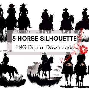 Bundle, 5 Reiter und Pferdesilhouetten PNG SVG, Cowgirl Sublimationsdesign, T-Shirt Design, Becherkunst, Reiten Clipart, Pferd Clipart