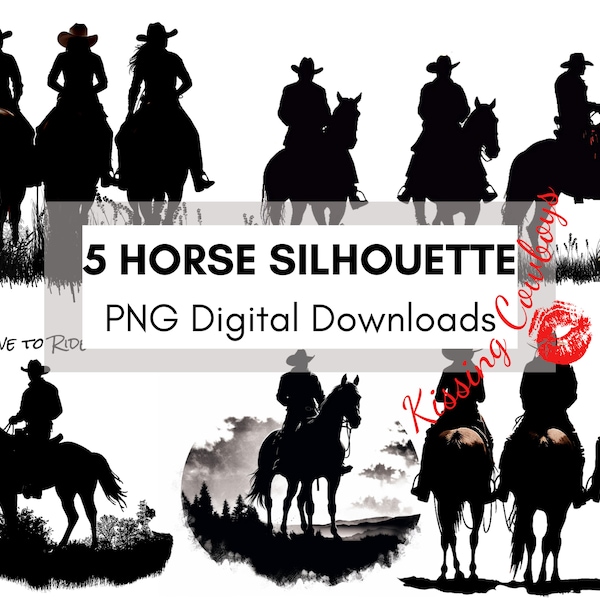 Bundle, 5 Riders and Horse Silhouettes PNG SVG, Cowgirl Sublimation Design, t-shirt design, mug art, Horse Riding Clipart, Horse Clipart