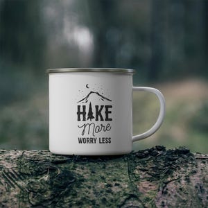 Personalized Enamel Camping Mug: Hike More Worry Less, Outdoor Gift, Hiking Lovers Gift