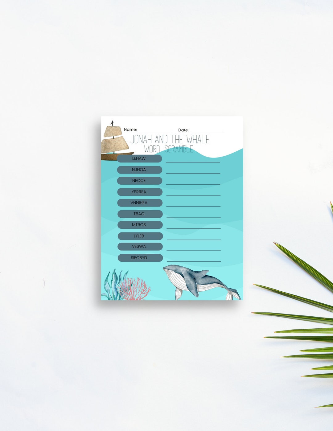 JONAH and the WHALE Word Scramble, BIBLE Story Worksheet, Sunday School