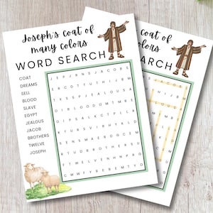 JOSEPHS MANTEL vieler FARBEN Wortsuch-Arbeitsblatt für VBS, Sonntagsschule, Kinderheimschule, Bibelgeschichtenaktivität für Kinder, digitaler Download