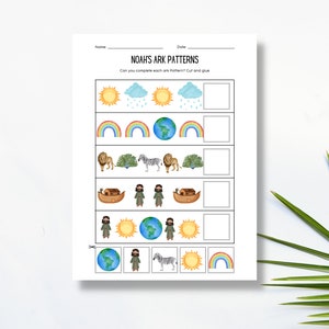 NOAH&#39;S ARK PATTERNS worksheet for vbs, sunday school, homeschooling kids bible story activity printable download