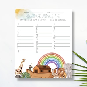 NOAHS ARK animalz a-z activity for sunday school or VBS, bible stories for kids, activities and crafts for lesson ws-12
