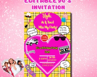 90s Birthday Party Invitation, Clueless Birthday Invite,Bachelorette Invite Template, 90s Party Invite, Digital Birthday Invite,As if