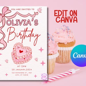 May include: Pink birthday party invitation with a pink bow, a heart-shaped cake, and the text "You are invited to Olivia's Birthday" in red. The invitation also includes the date, time, and location of the party.
