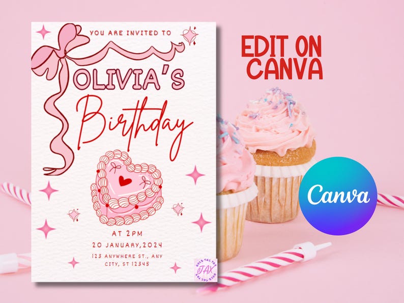 May include: Pink birthday party invitation with a pink bow, a heart-shaped cake, and the text "You are invited to Olivia's Birthday" in red. The invitation also includes the date, time, and location of the party.