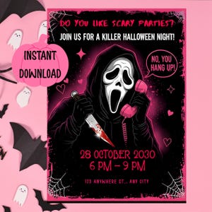 May include: A Halloween-themed poster with a black background and pink accents. It features a graphic of a ghost-faced figure holding a bloody knife and a pink telephone. Text includes "Do you like scary parties?" and event details.