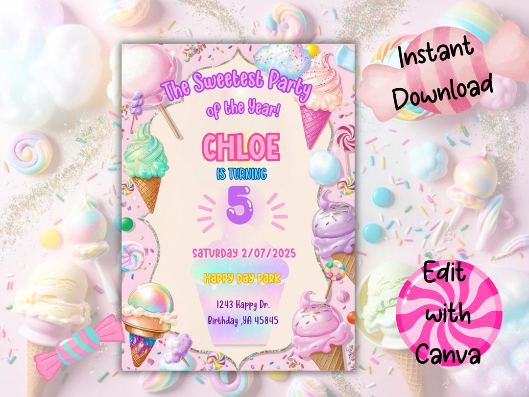 Editable Sweets Candy Invitation, Sweet Party Birthday Invitation ...