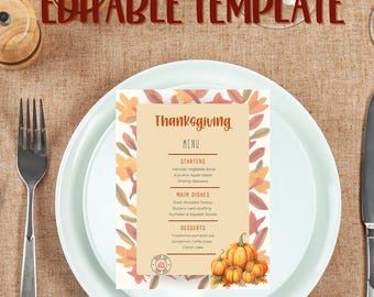 Modello di menu del Ringraziamento - Modello di menu del Ringraziamento alla zucca / Menu della cena stampabile alla zucca scaricabile immediatamente
