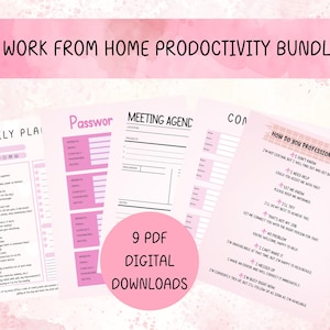 Puede incluir: Un paquete de productividad imprimible en rosa y blanco para trabajar desde casa. El paquete incluye una agenda diaria, un registro de contraseñas, una agenda de reuniones y consejos de comunicación. El texto "9 PDF DESCARGAS DIGITALES" está en un círculo rosa.