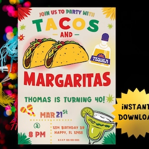 Editable Template with Tacos and Margaritas, Instant Download Tacos and Margarita Invitation, Fiesta Birthday Invitation,