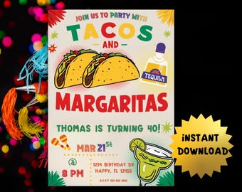 Editable Template with Tacos and Margaritas, Instant Download Tacos and Margarita Invitation, Fiesta Birthday Invitation,